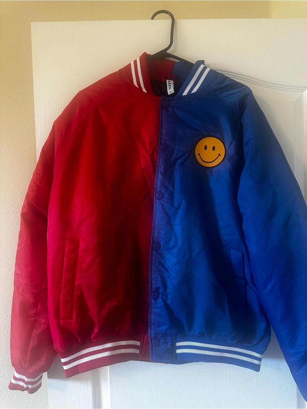 Red & Blue Bomber Jacket with Smiley Patch
